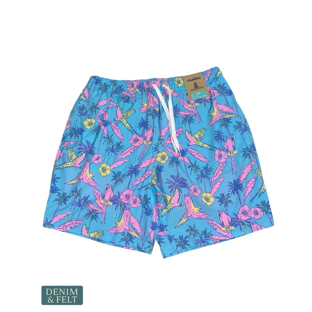 NEW Chubbies The Flock Parties Swim Trunks Blue Parrot 7 Inch Inseam Lined Large